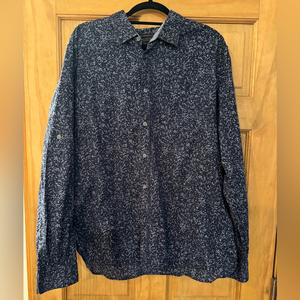 John Varvatos- men’s button up dress shirt. Dark blue with light blue and black.